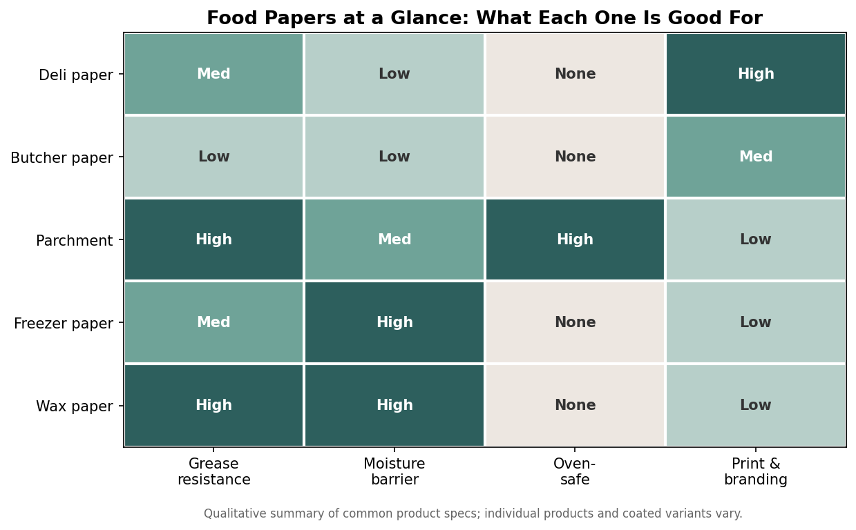 Matrix comparing deli, butcher, parchment, freezer, and wax paper on grease resistance, moisture barrier, oven safety, and print and branding suitability